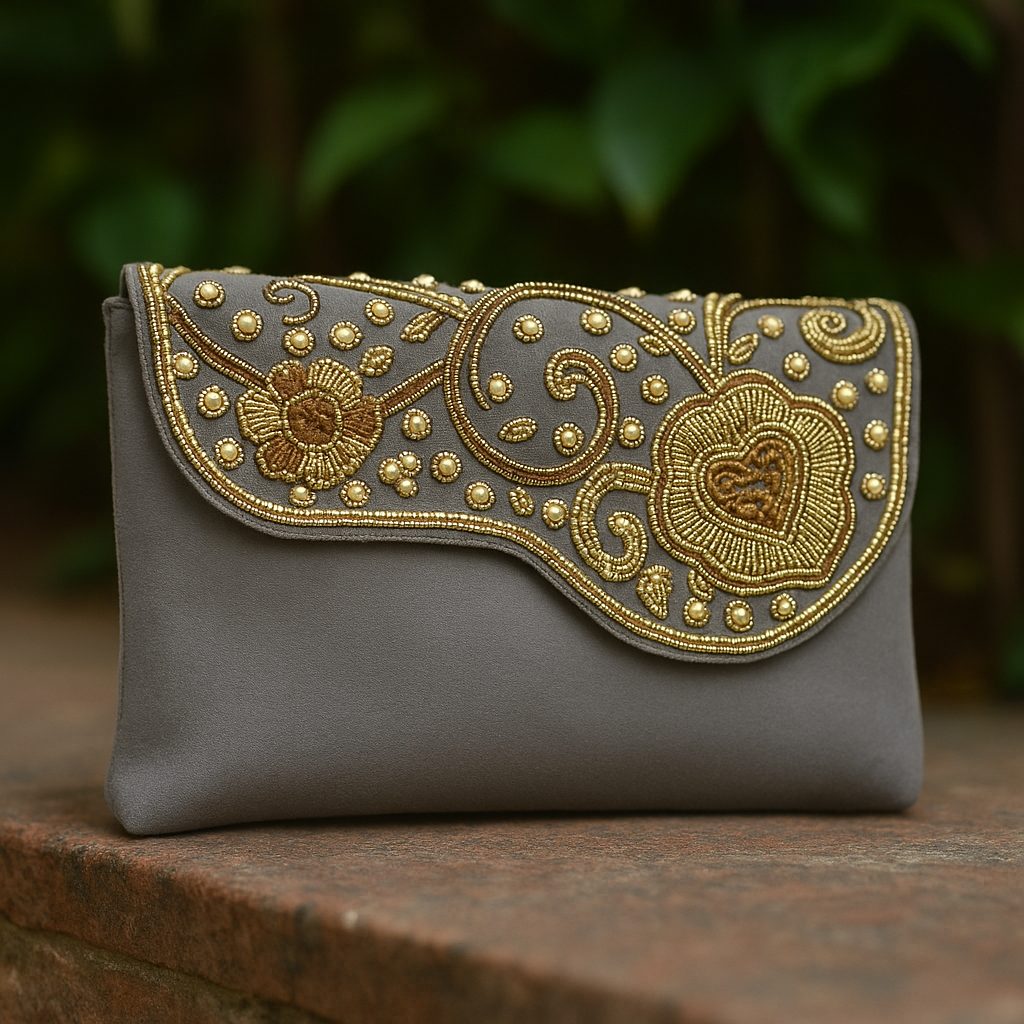 Grey Heart Embroidery Clutch
