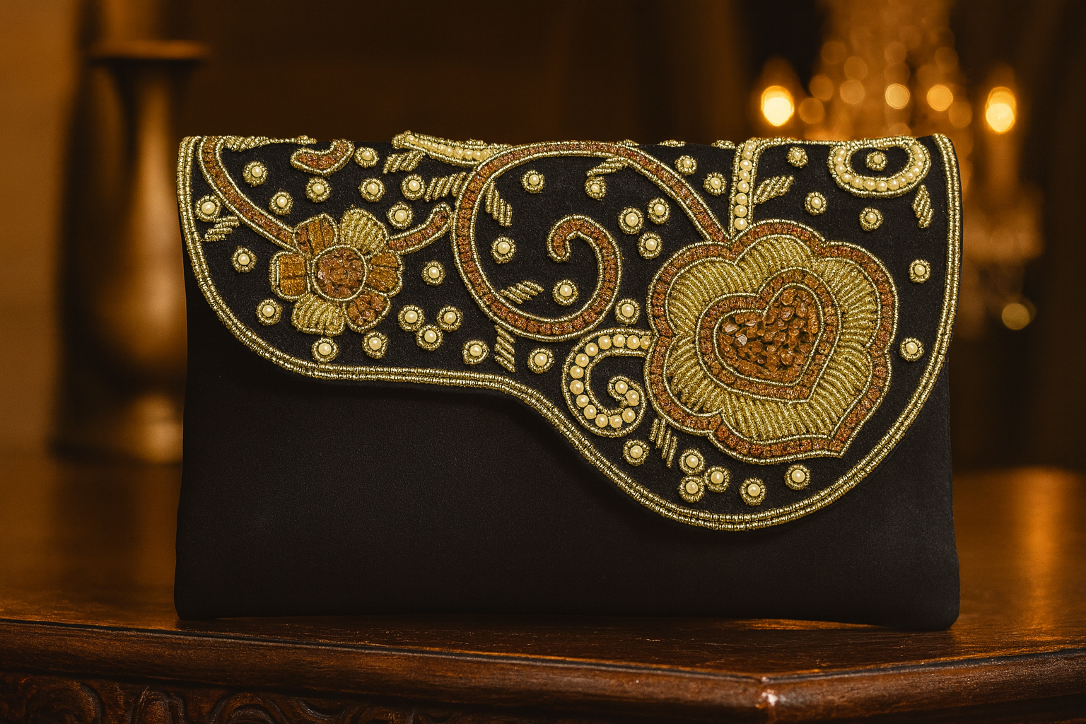 Black Gold Embroidered Clutch