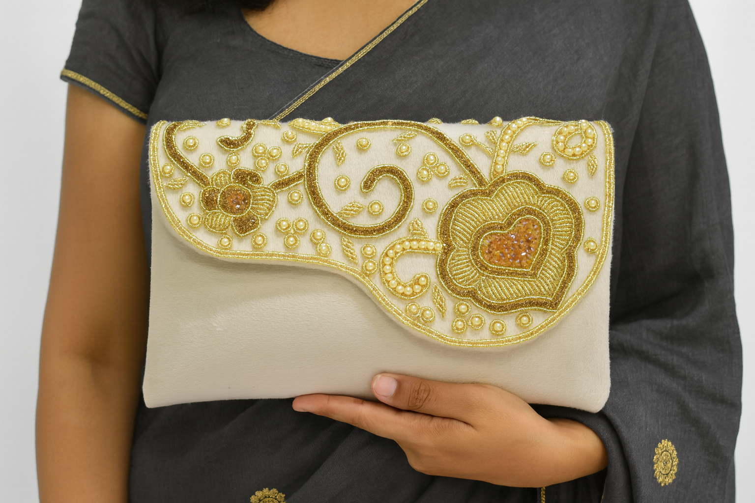 White Gold Embroidered Clutch