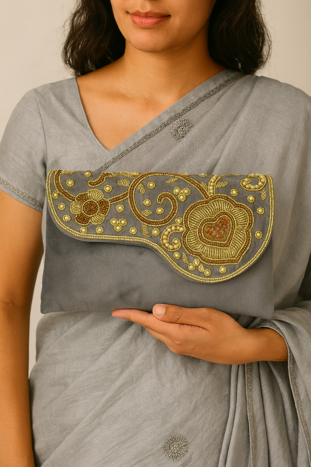 Grey Heart Embroidery Clutch