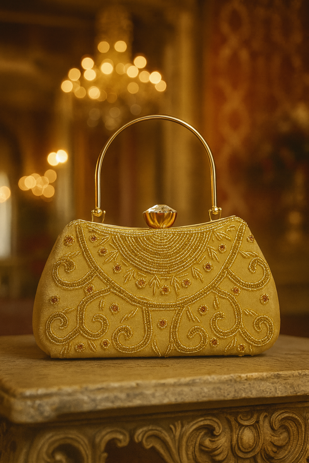 Golden Embroidered Handle Clutch