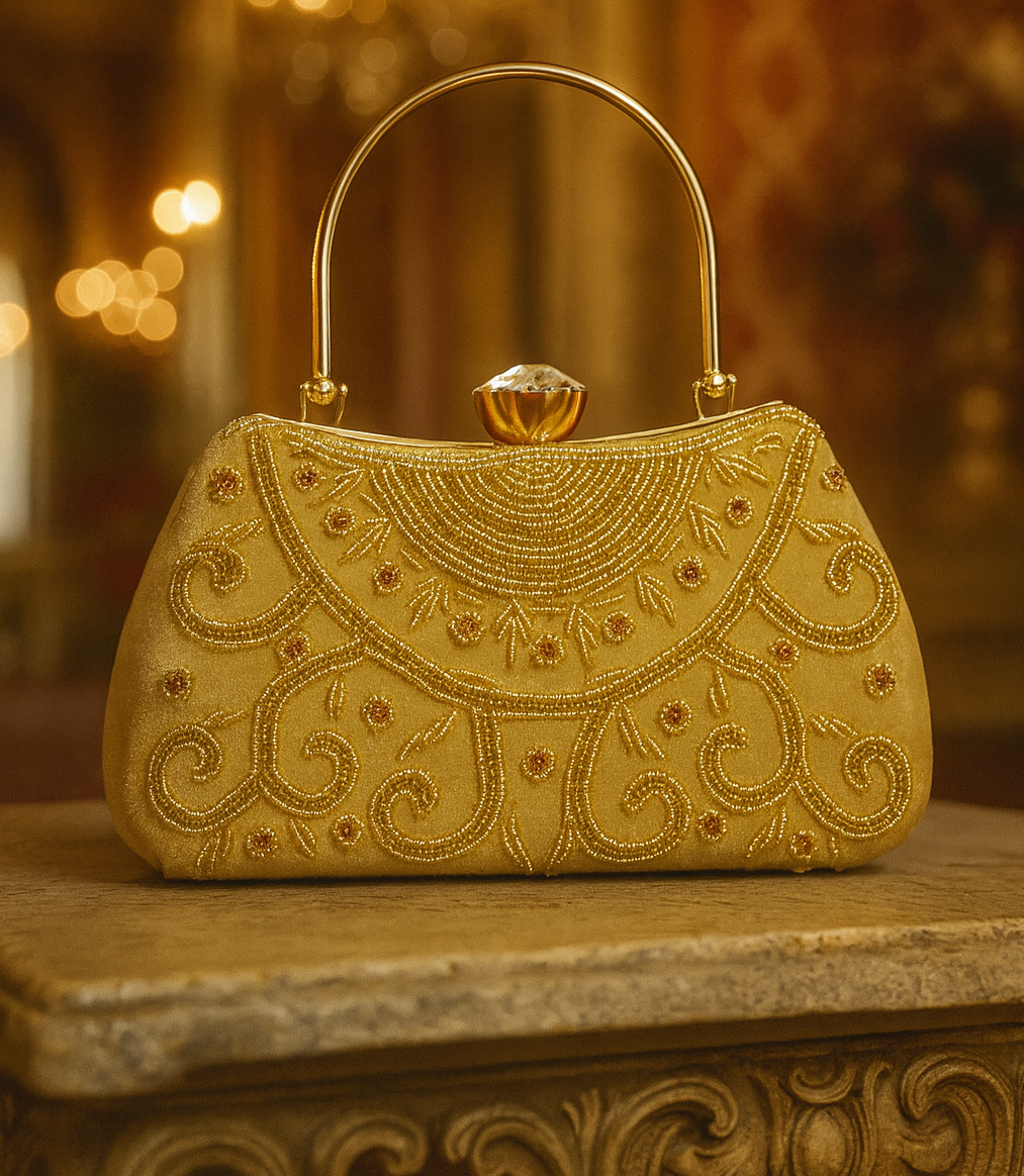 Golden Embroidered Handle Clutch