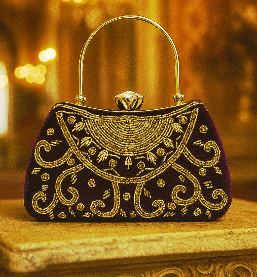 Black Embroidered Handle Clutch