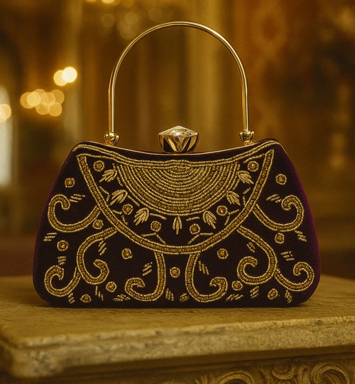 Black Embroidered Handle Clutch