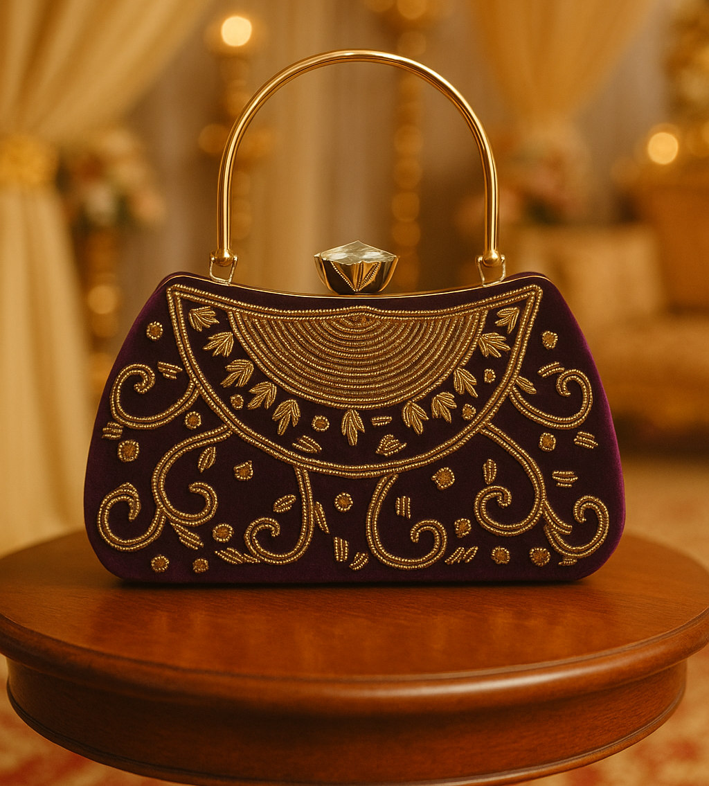 Black Embroidered Handle Clutch