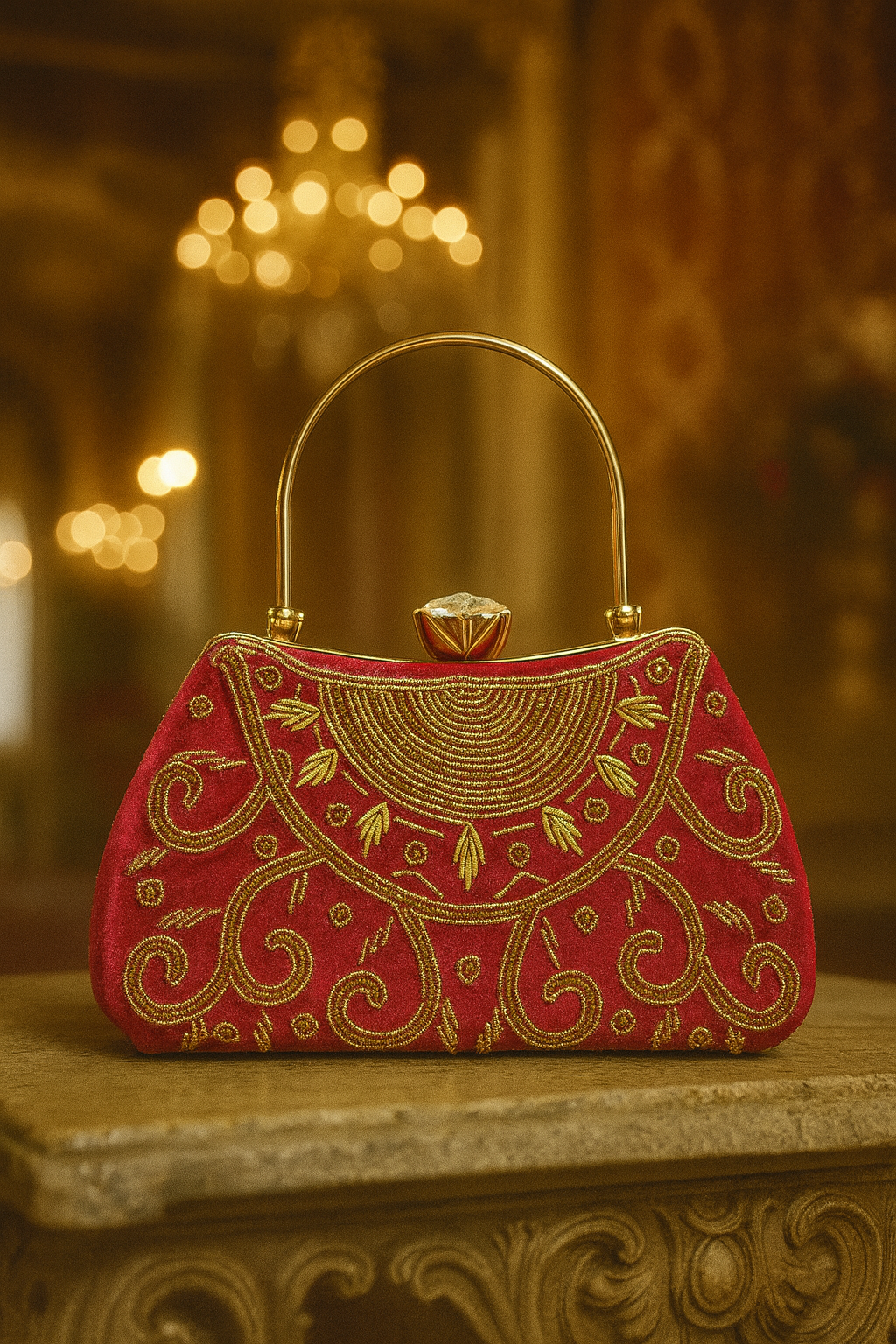 Pink Embroidered Handle Clutch