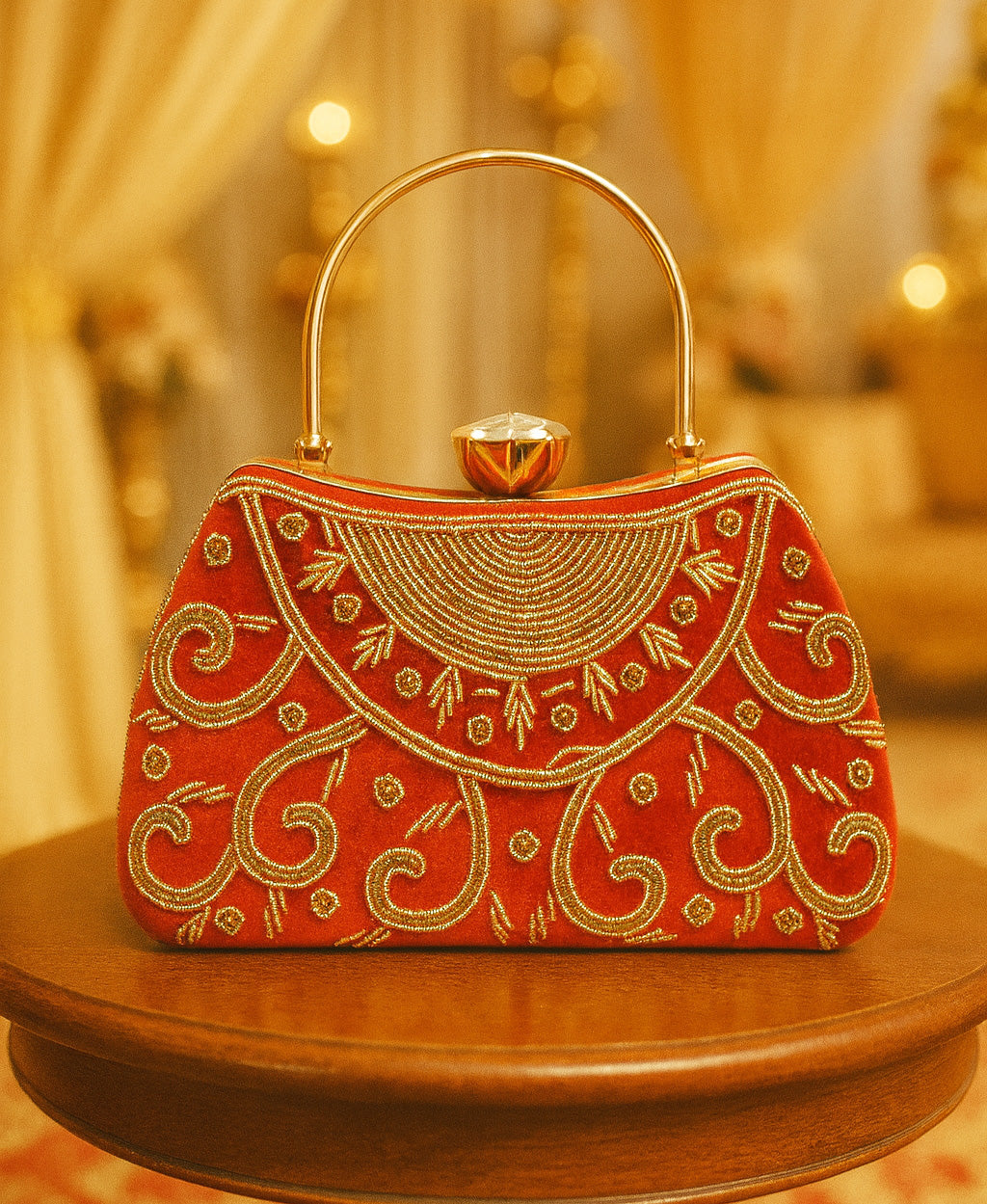 Red Embroidered Handle Clutch