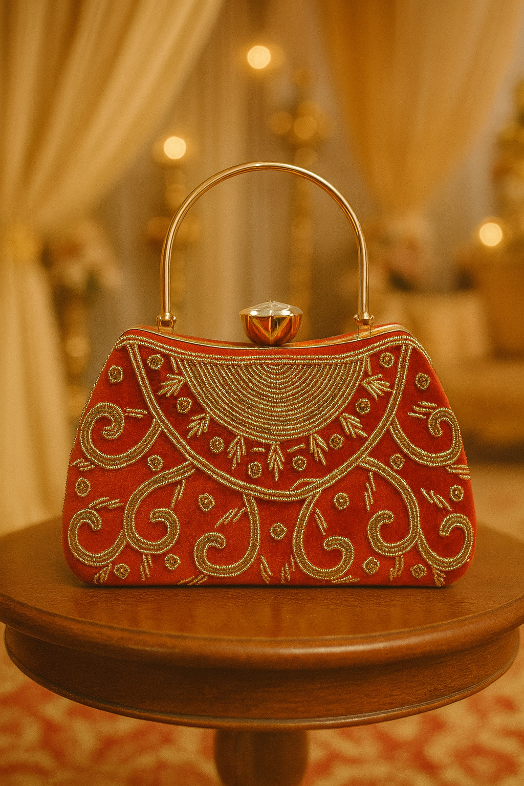 Red Embroidered Handle Clutch