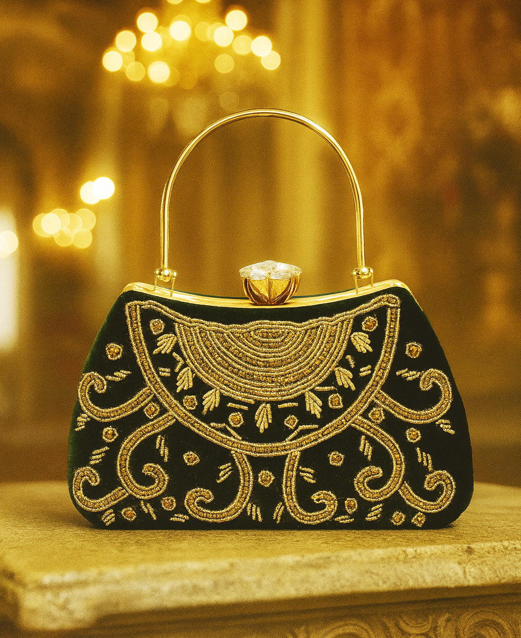Green Embroidered Handle Clutch