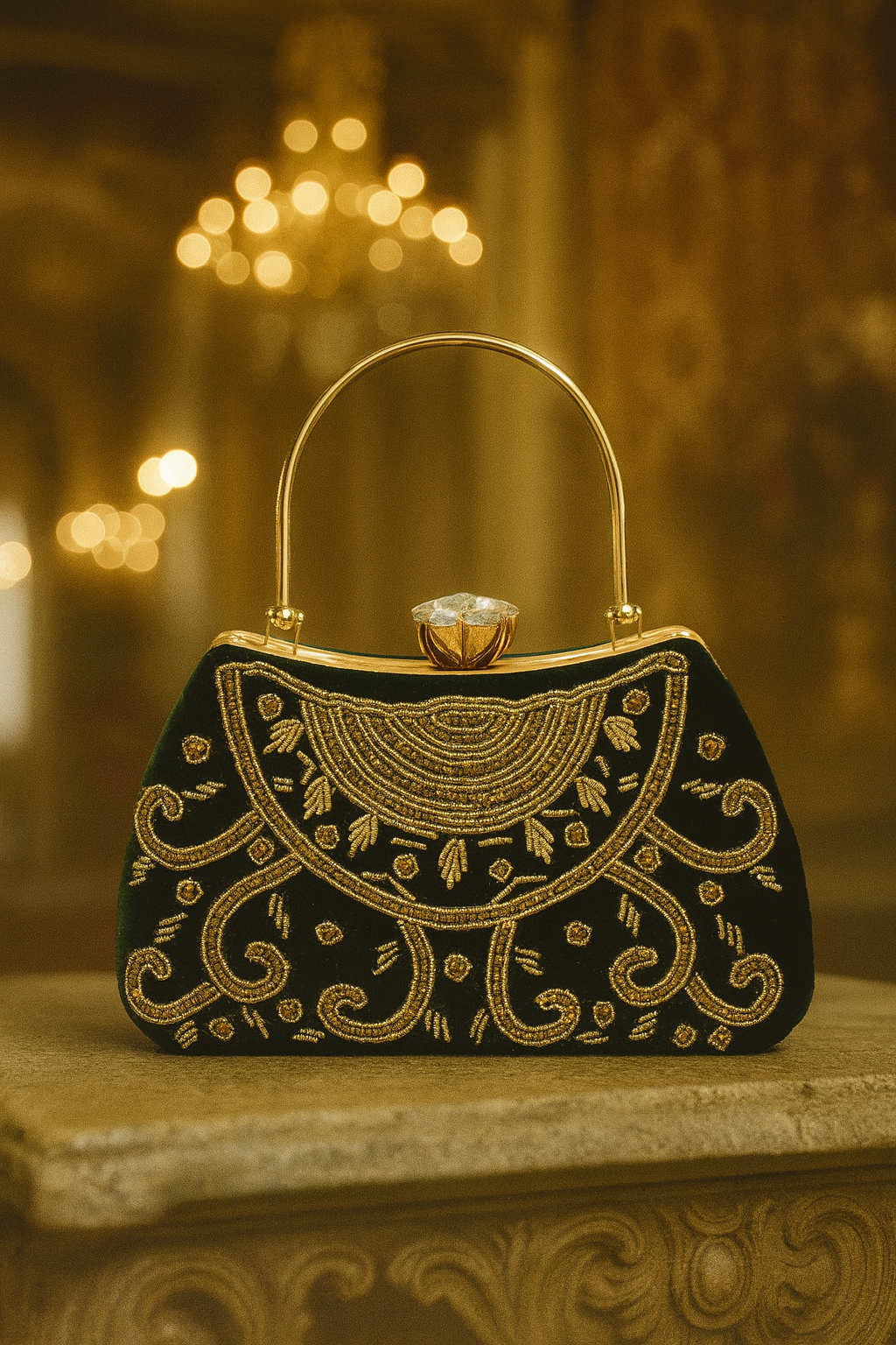 Green Embroidered Handle Clutch