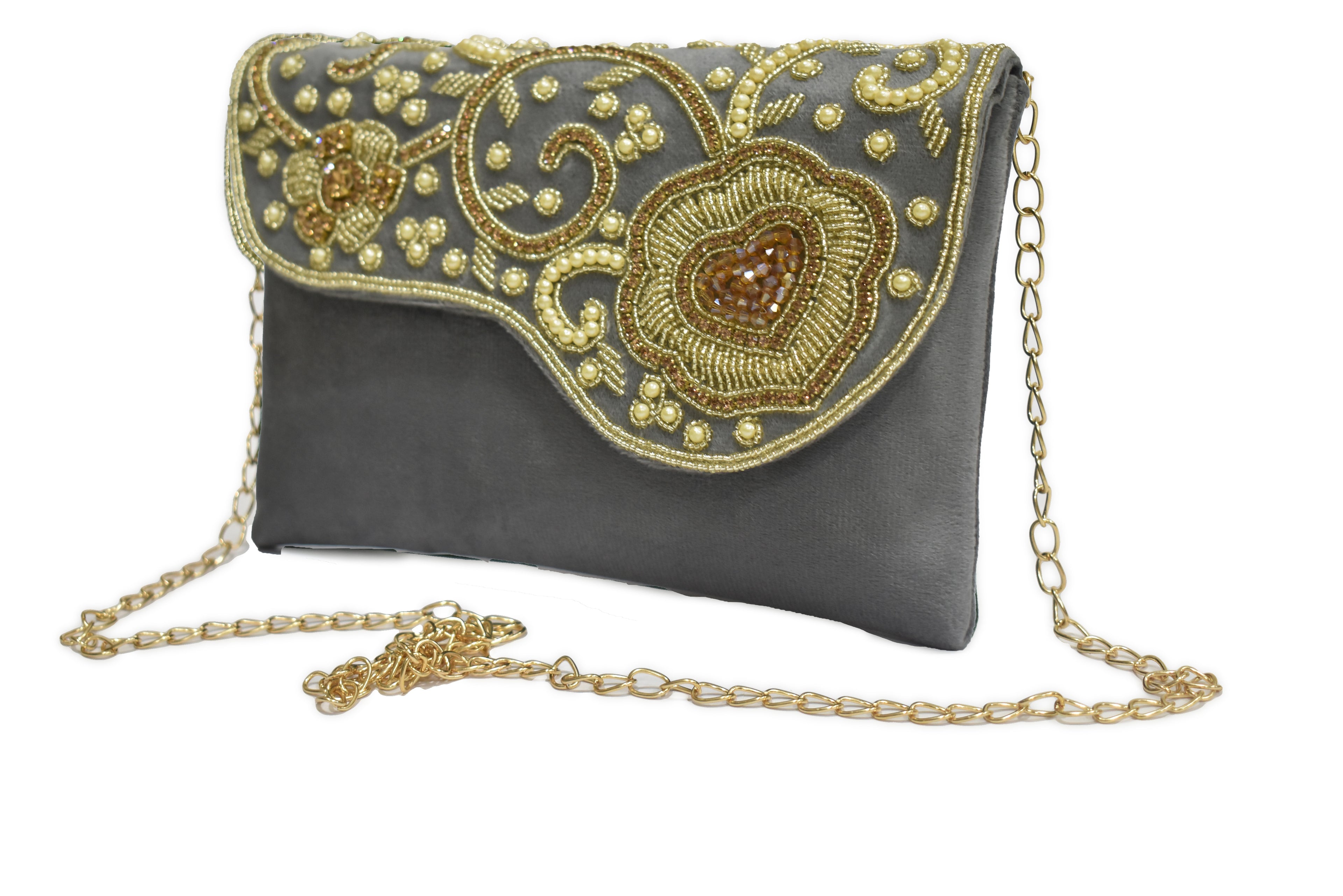 Grey Heart Embroidery Clutch