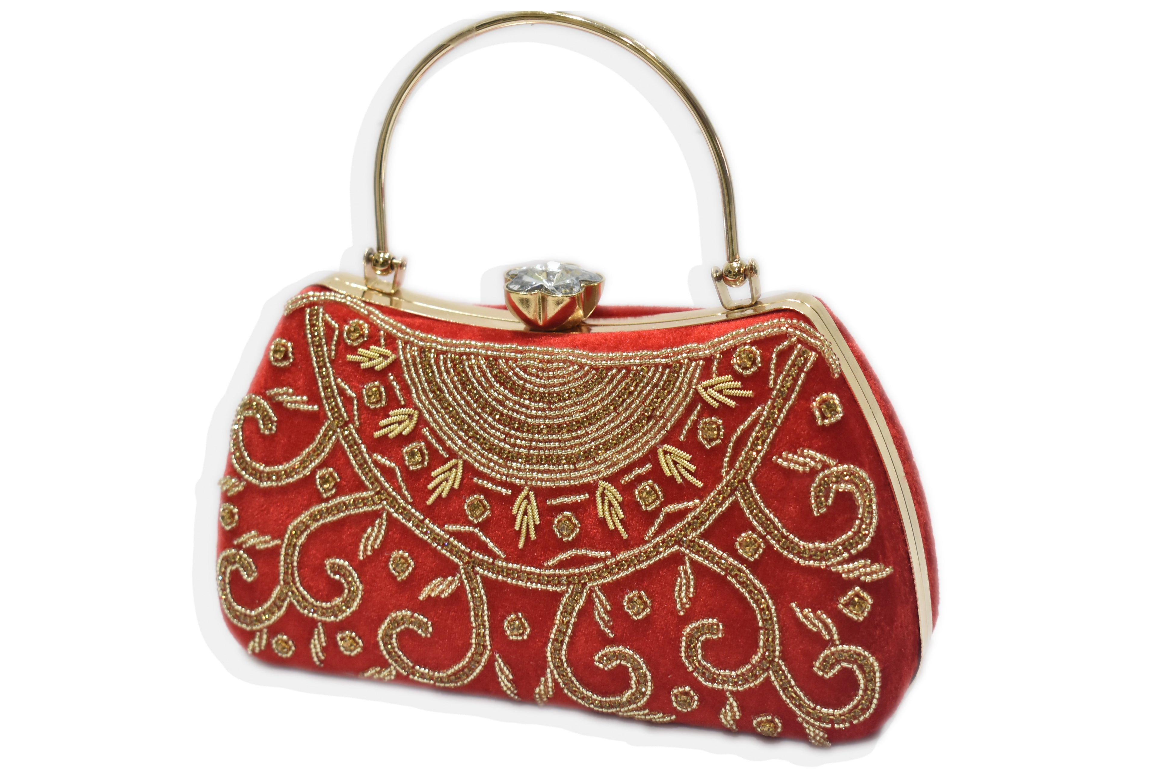 Red Embroidered Handle Clutch