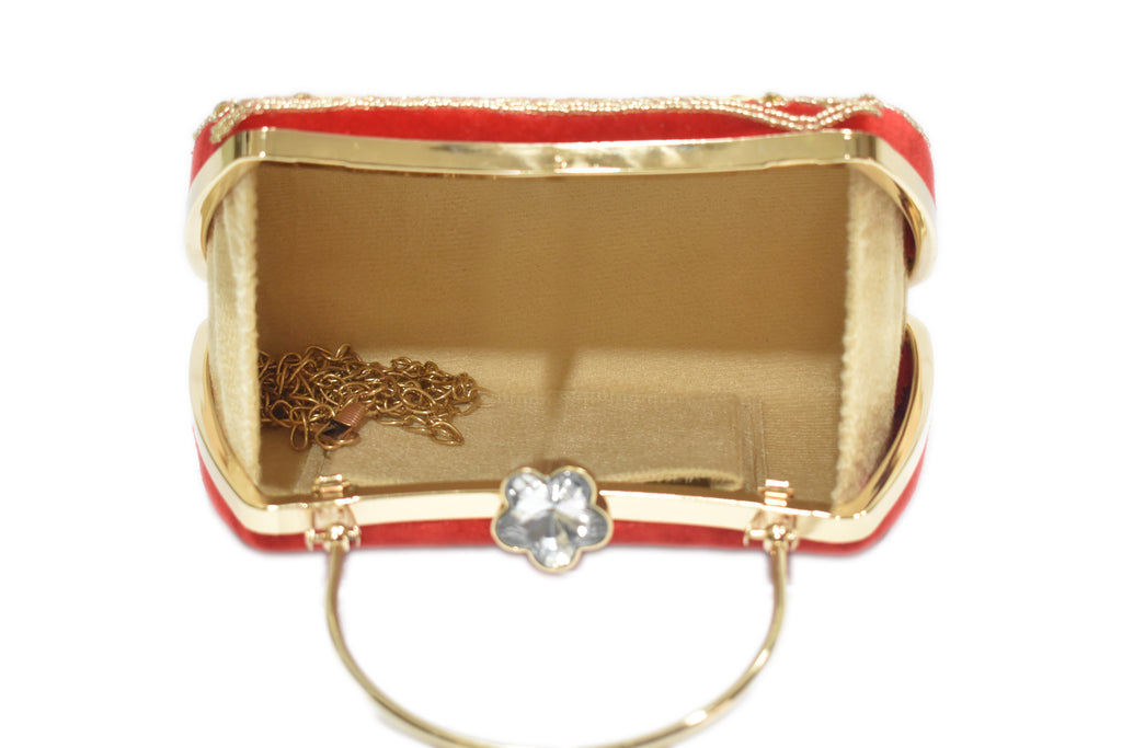 Red Embroidered Handle Clutch