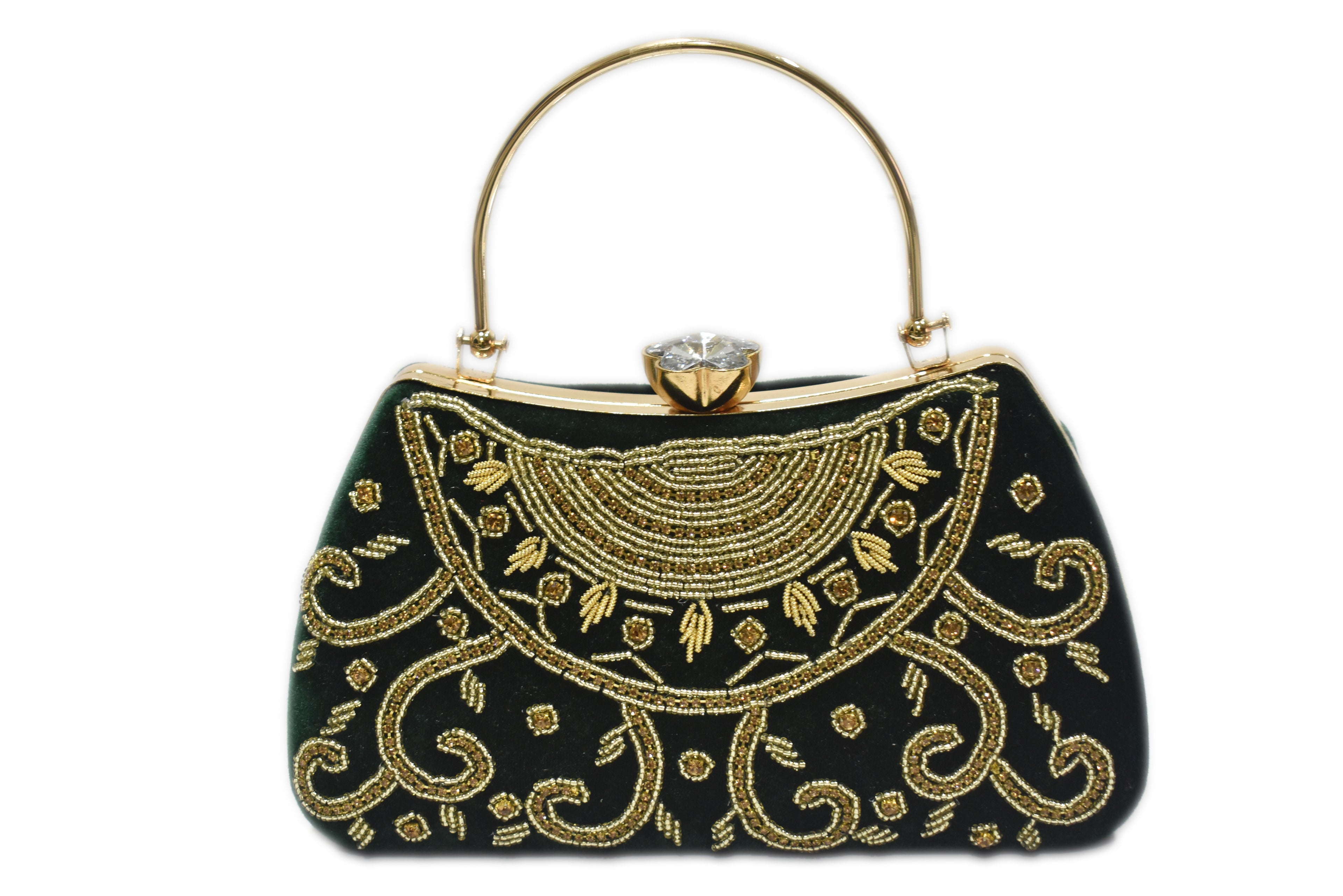 Green Embroidered Handle Clutch