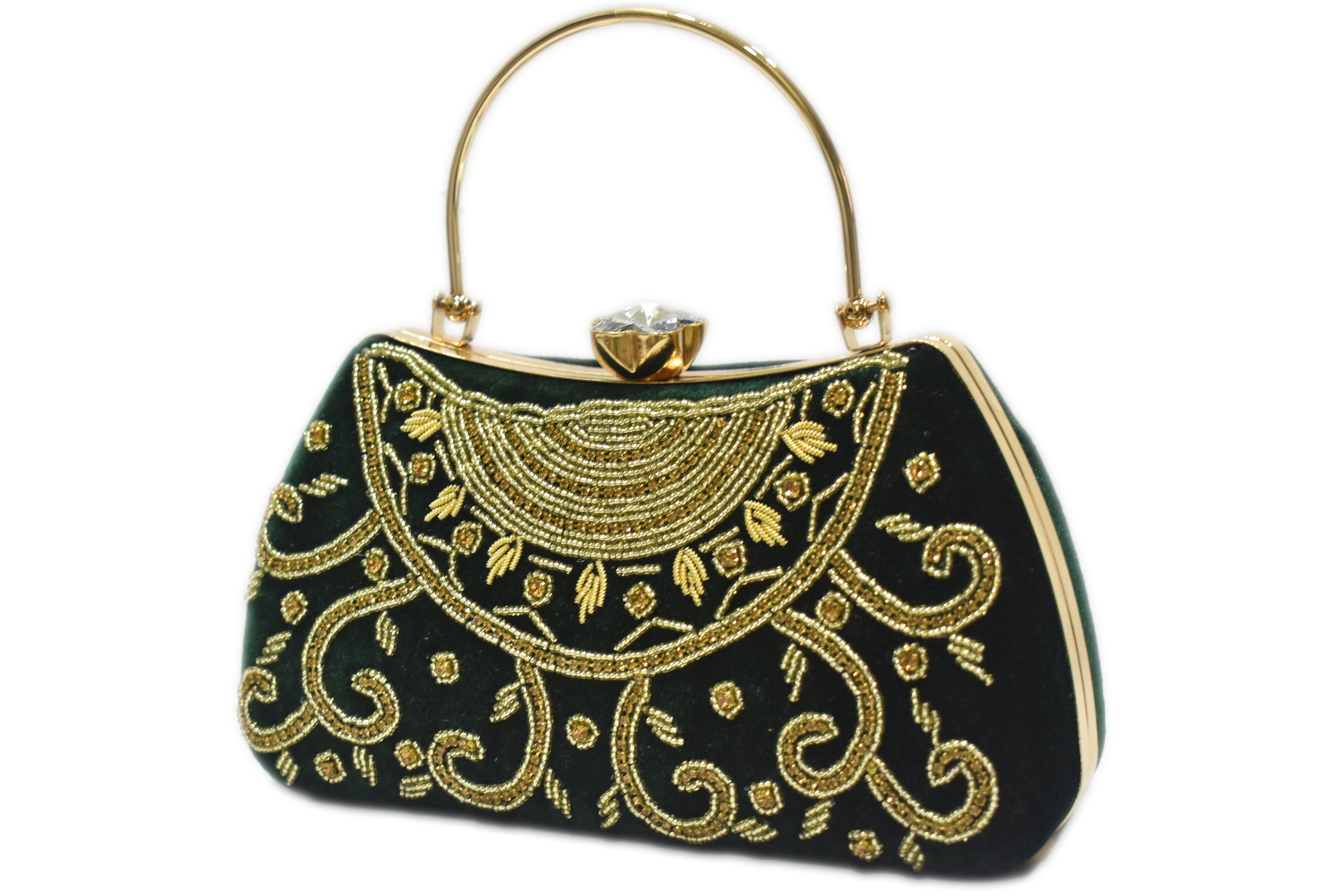 Green Embroidered Handle Clutch
