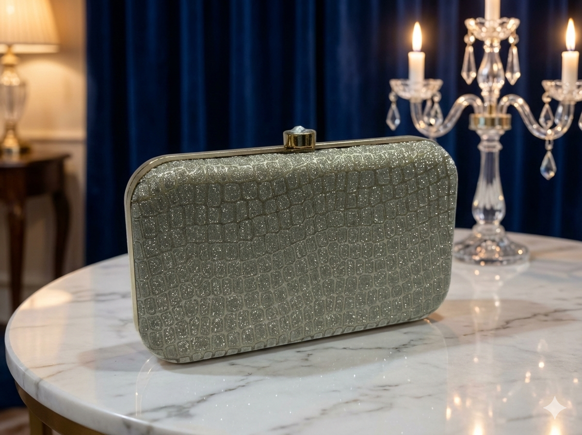 Silver Embossed Metallic Clutch